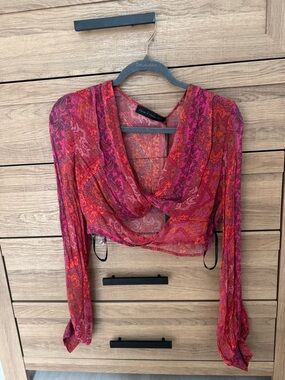 House of Harlow 1960 Pink and Red Paisley Sheer Draped Crop Top